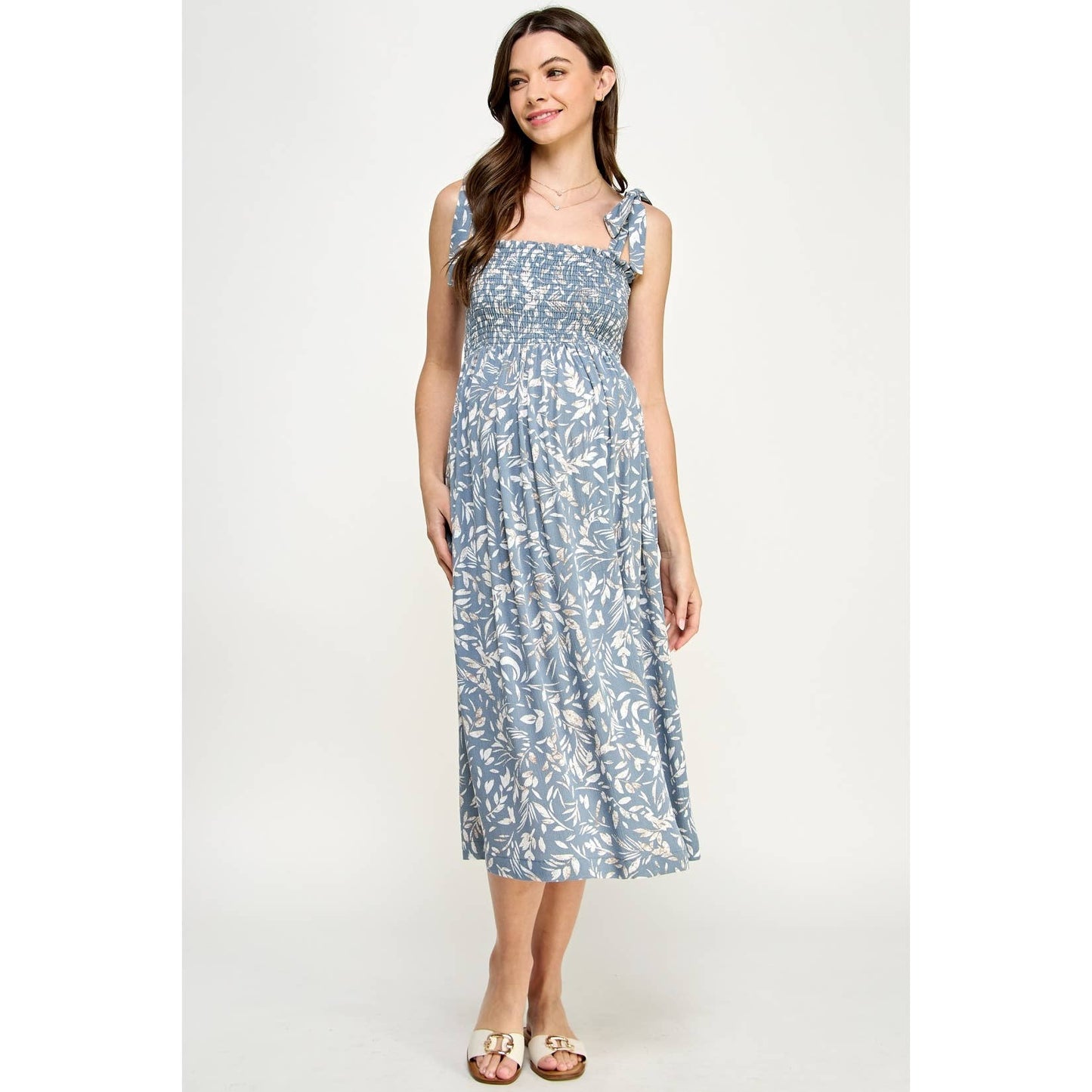 Light Blue Smocked Sleeveless Maternity Midi Dress: Denim