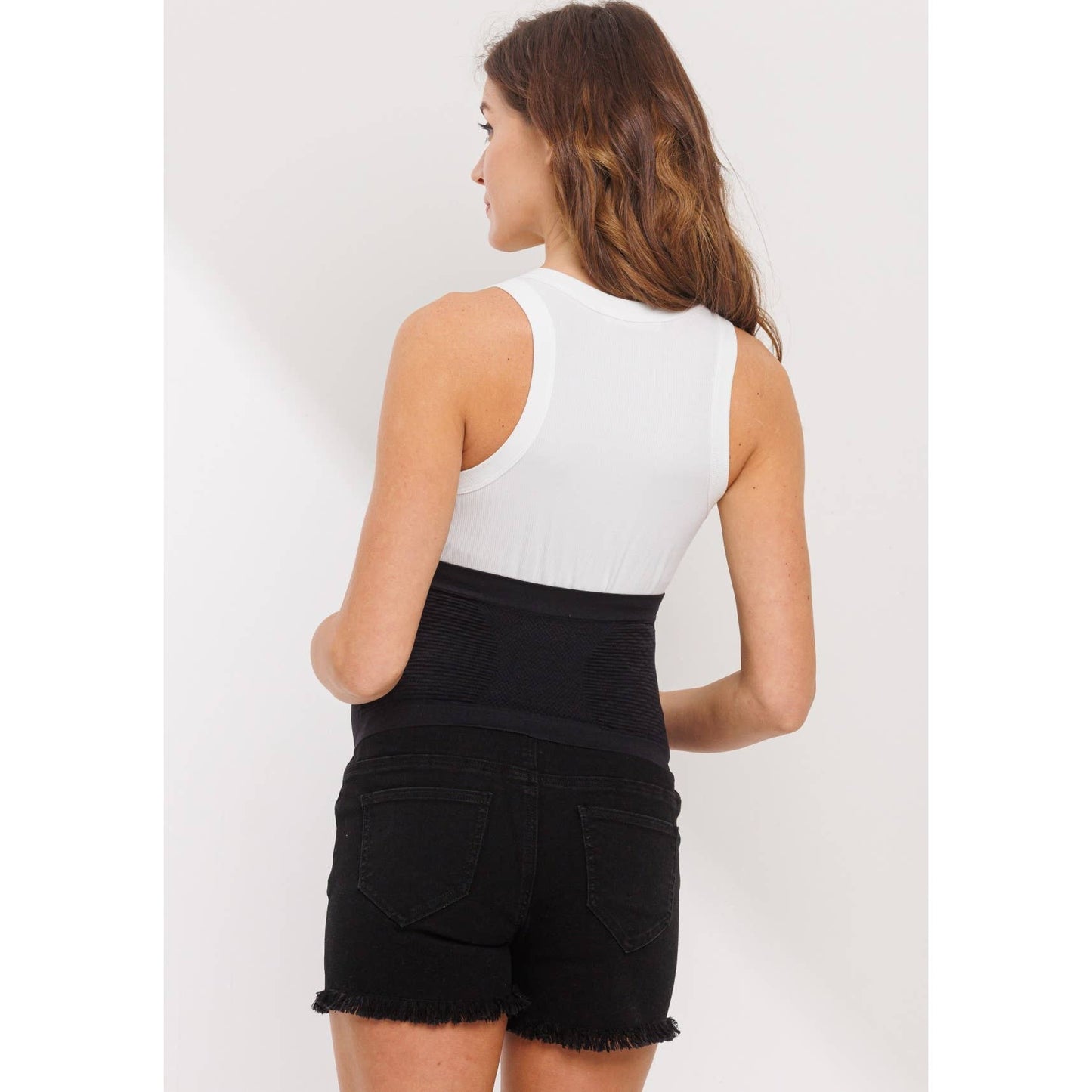 Frayed Denim Maternity Shorts with Waistband Panel: Black