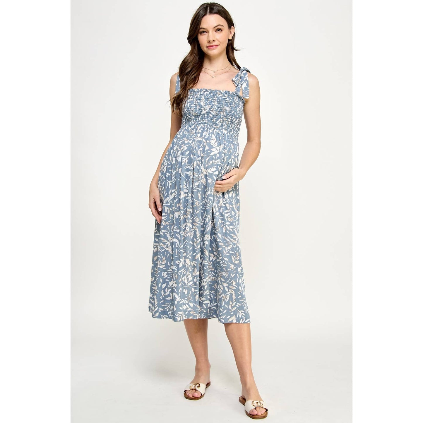 Light Blue Smocked Sleeveless Maternity Midi Dress: Denim
