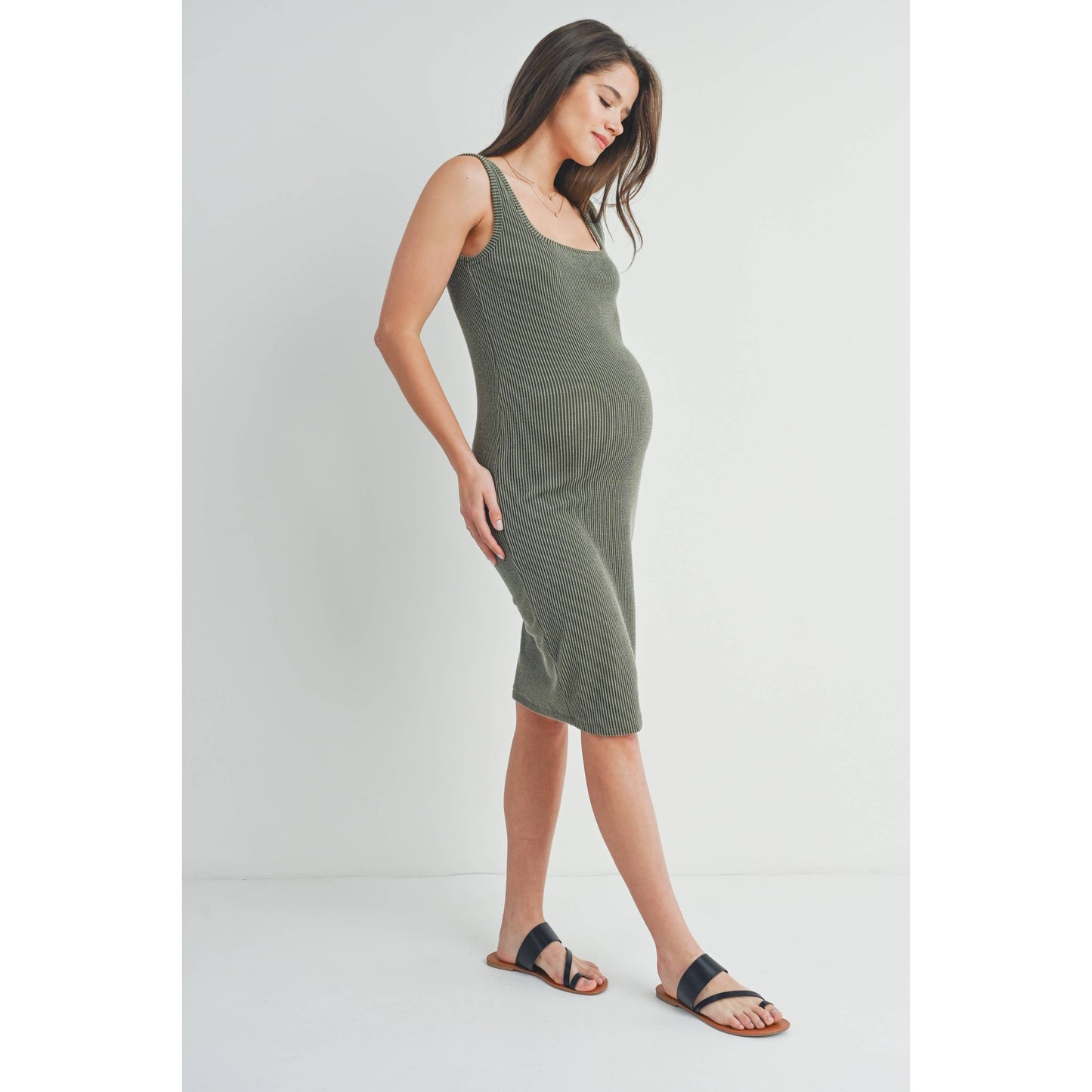 Square Neck Fitted Maternity Ribbed Midi Dress: Olive