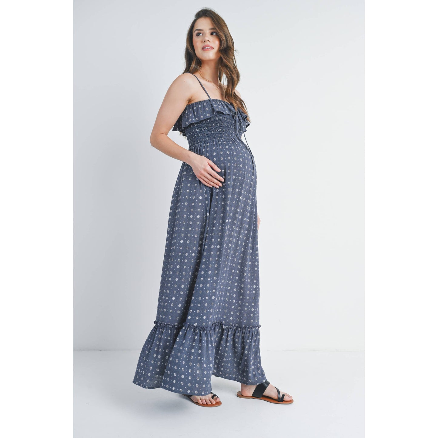 Smocked Sleeveless Floral Maternity Maxi Dress : Navy