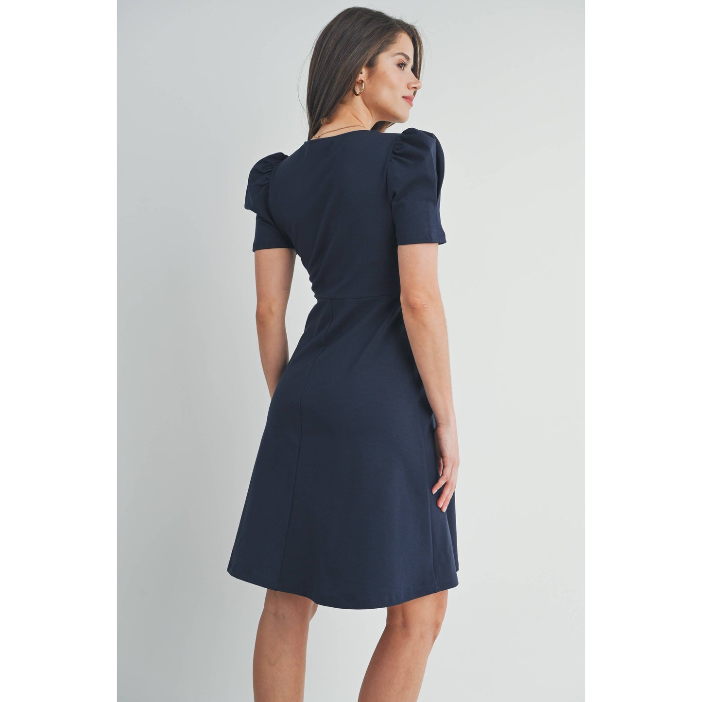 V-Neck Fit and Flare Puff Sleeve Maternity Dress : Navy