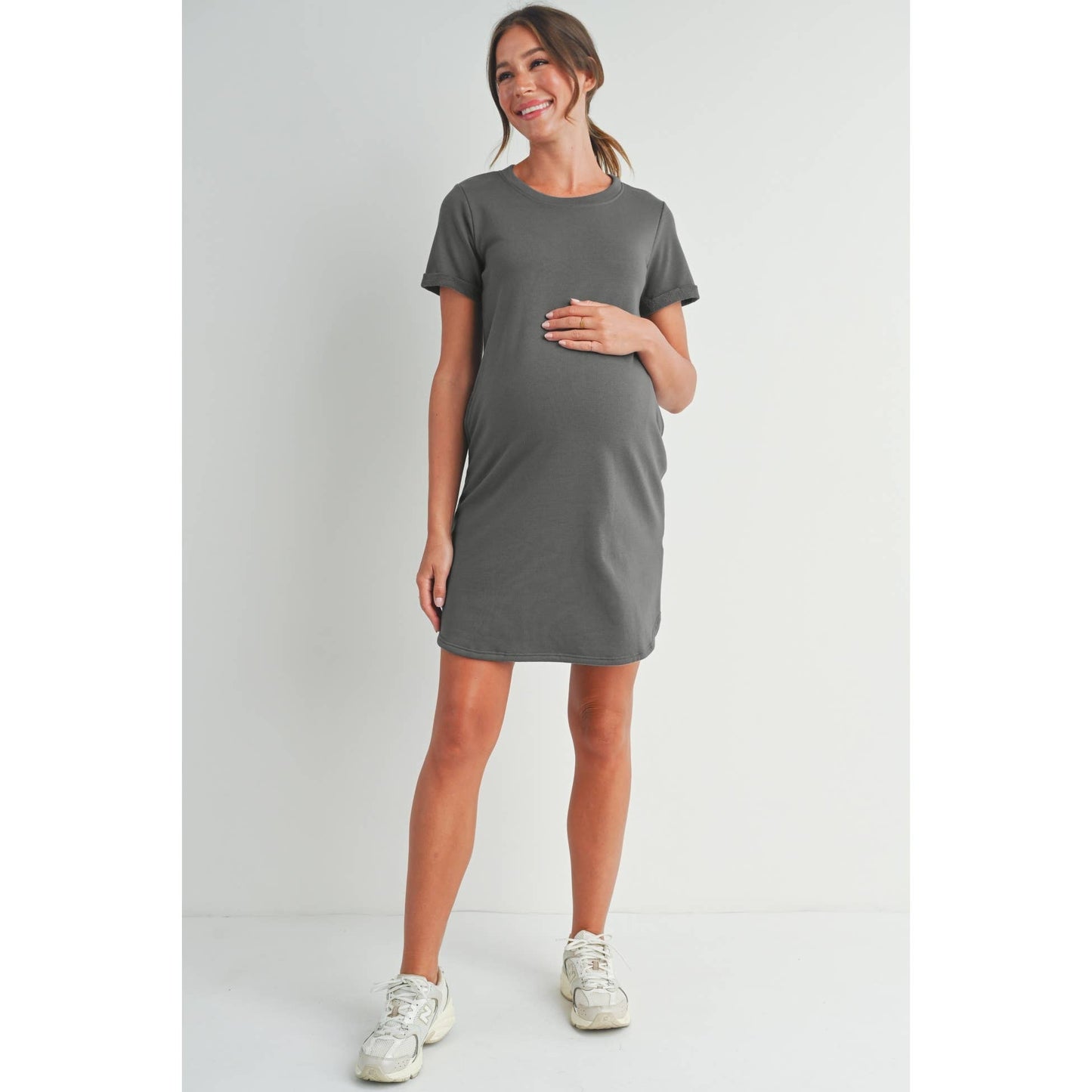 Crew Neck Terry Maternity T-Shirt Dress : Dark Grey