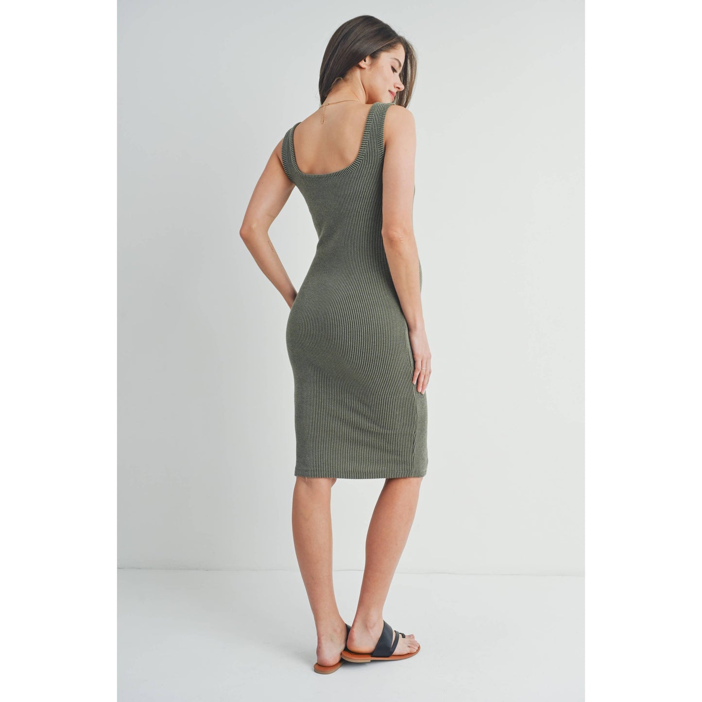 Square Neck Fitted Maternity Ribbed Midi Dress: Olive