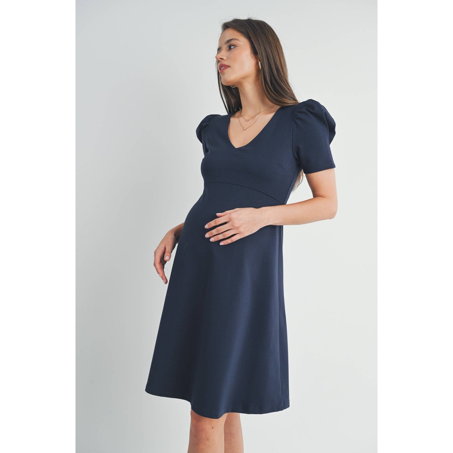 V-Neck Fit and Flare Puff Sleeve Maternity Dress : Navy