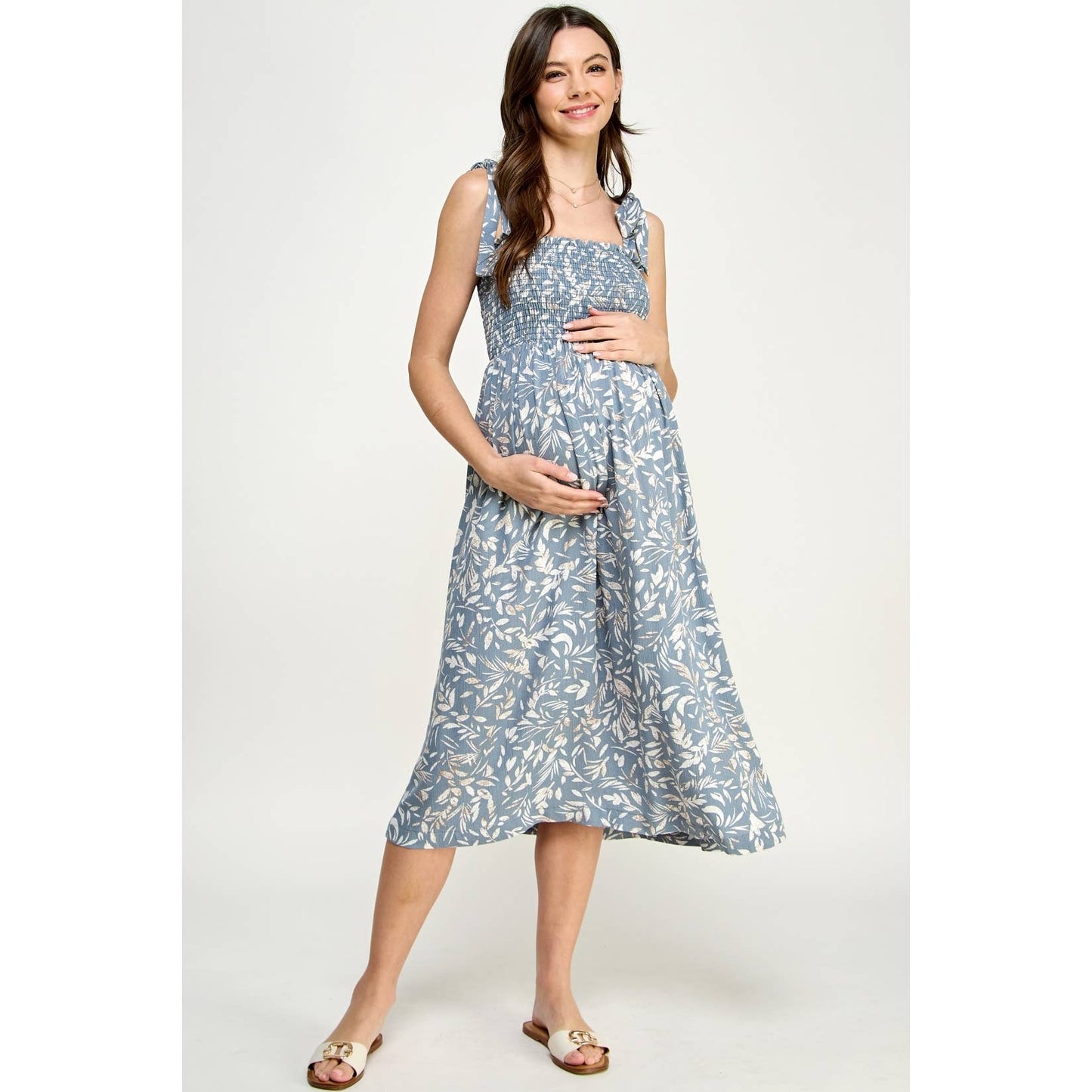 Light Blue Smocked Sleeveless Maternity Midi Dress: Denim