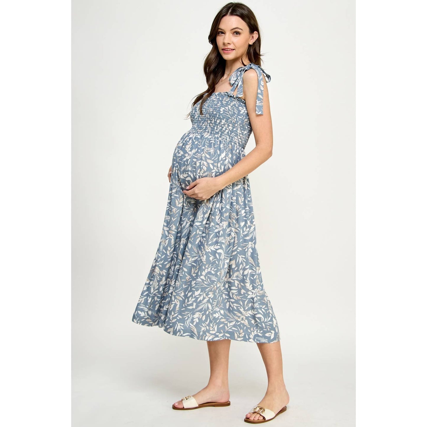 Light Blue Smocked Sleeveless Maternity Midi Dress: Denim