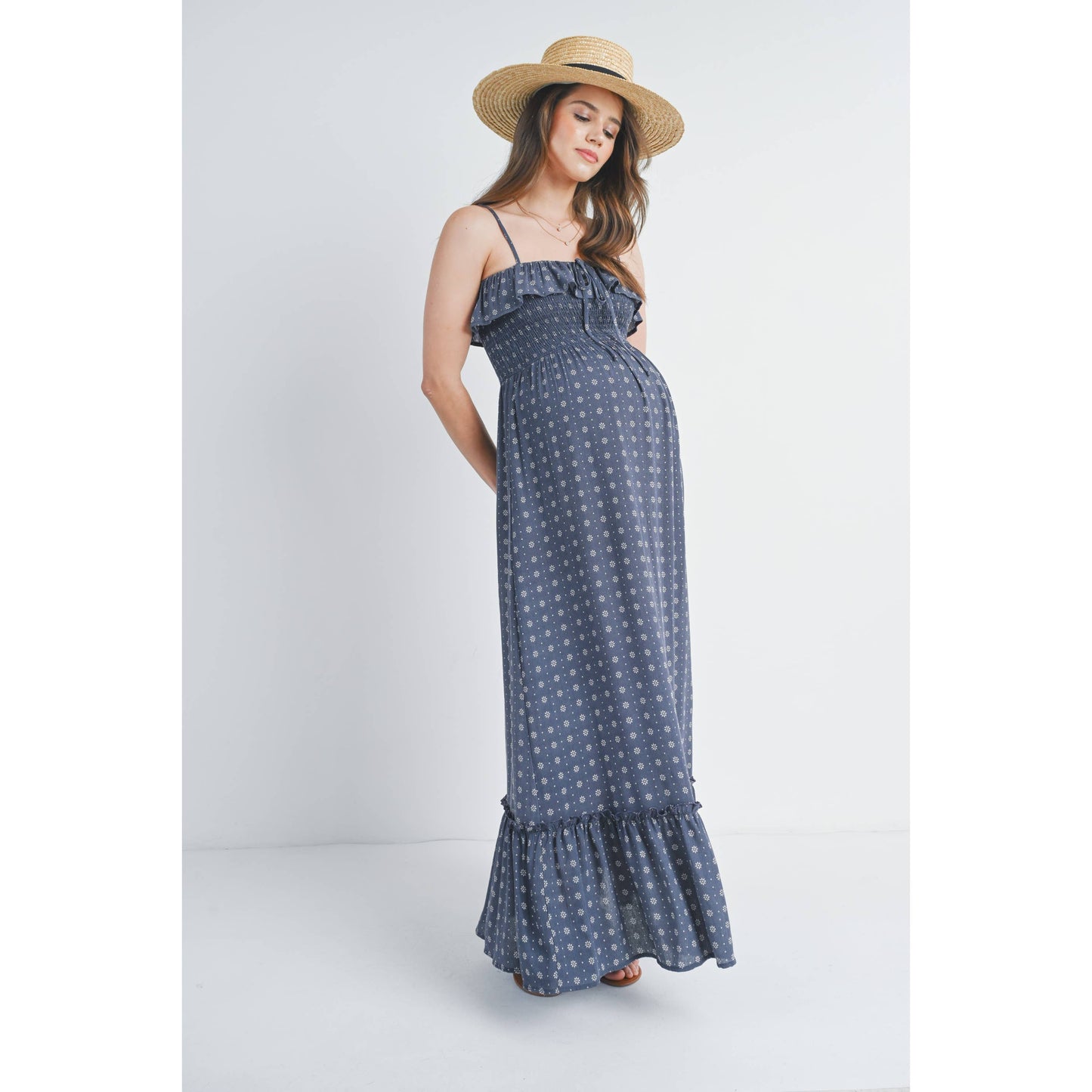 Smocked Sleeveless Floral Maternity Maxi Dress : Navy