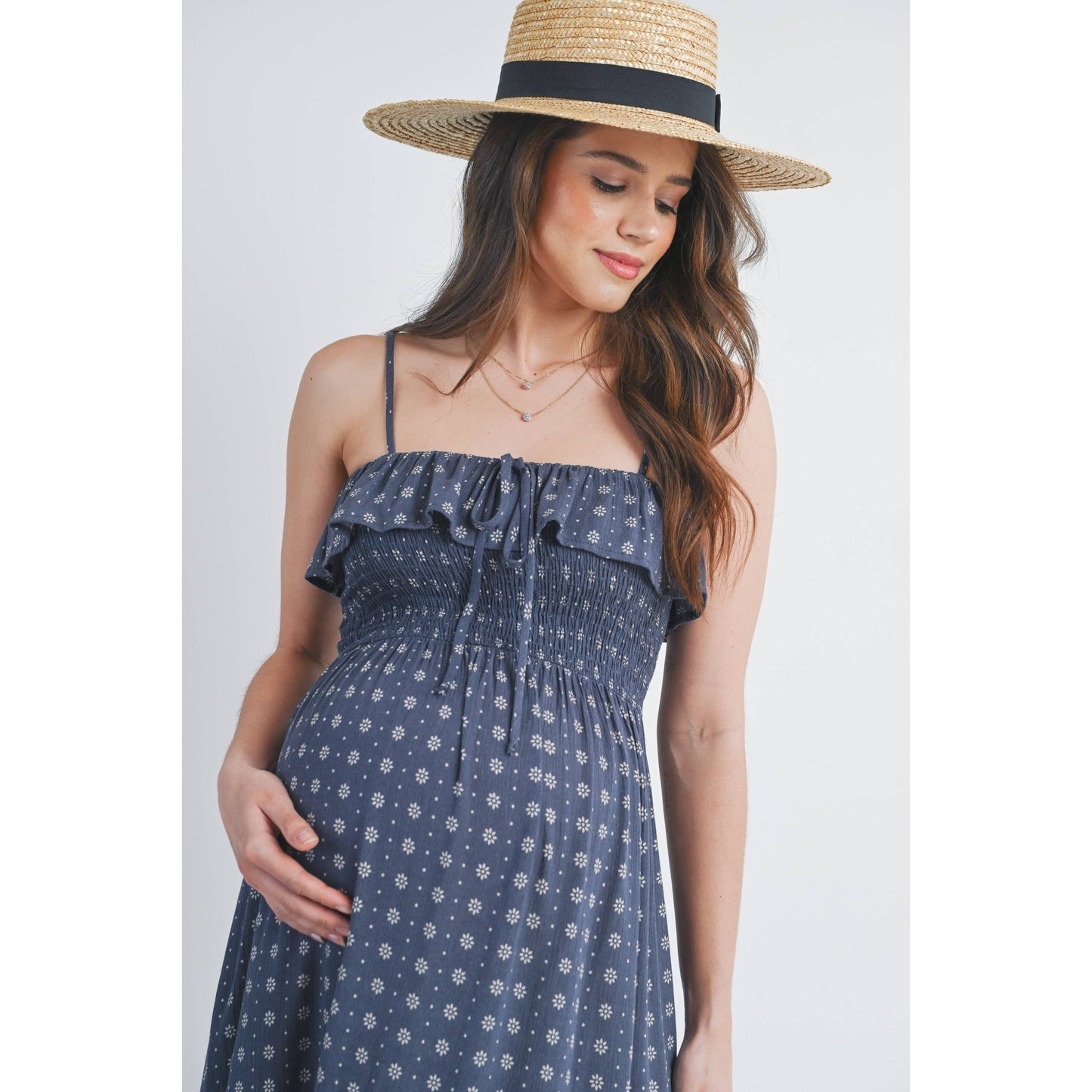 Smocked Sleeveless Floral Maternity Maxi Dress : Navy