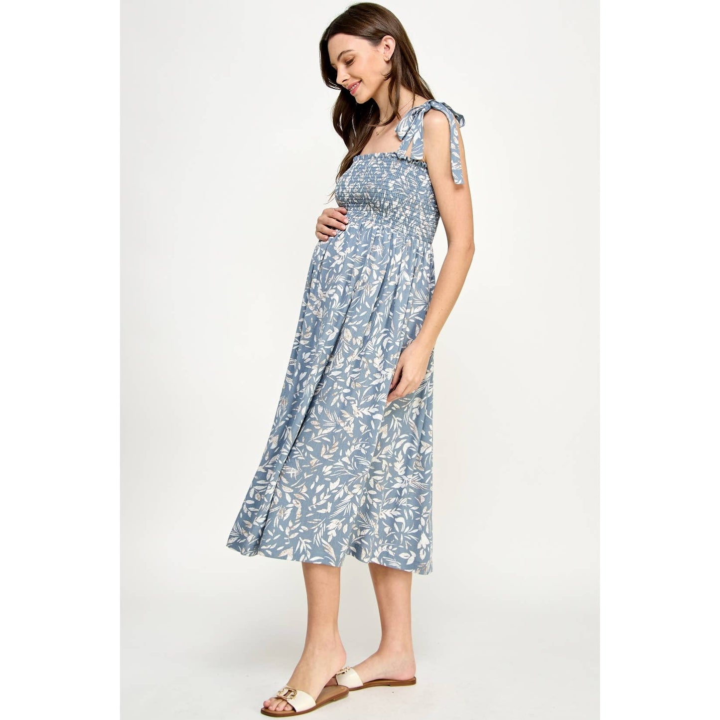 Light Blue Smocked Sleeveless Maternity Midi Dress: Denim