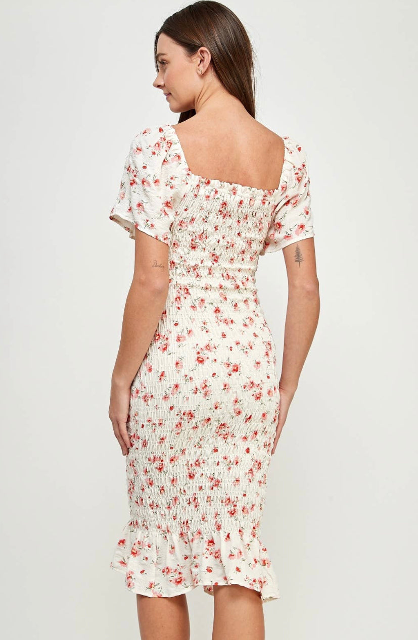 Smocked Square Neck Bodycon Midi Maternity Dress