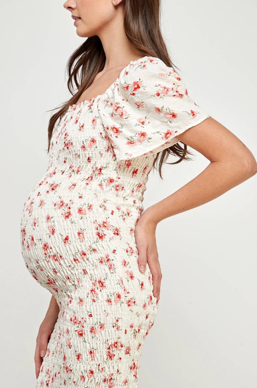 Smocked Square Neck Bodycon Midi Maternity Dress