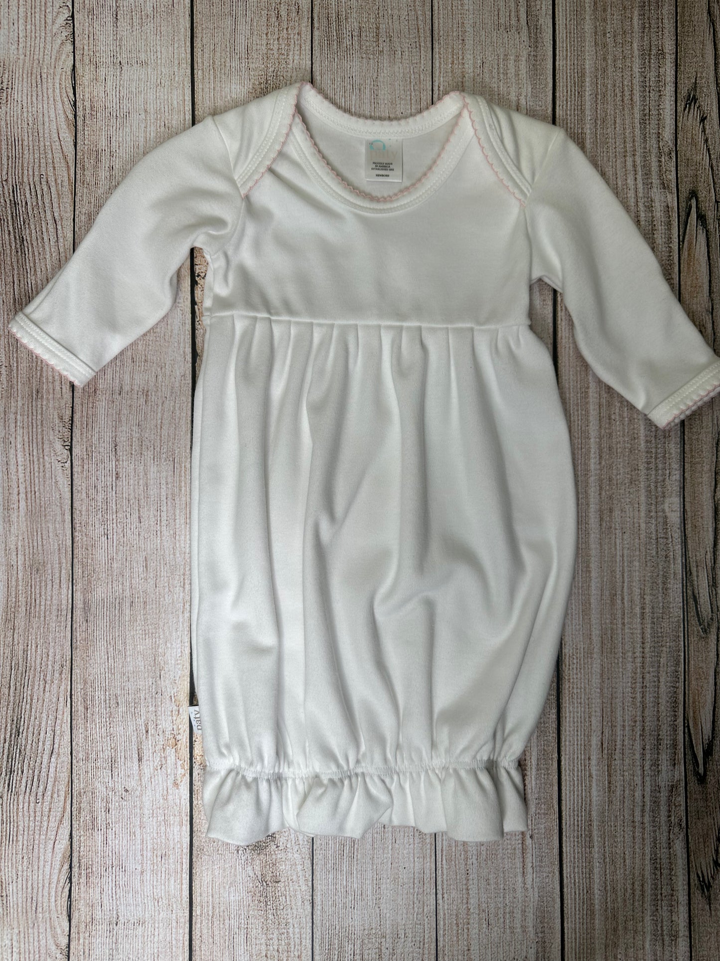 White Ruffle Gown With Pink Trim