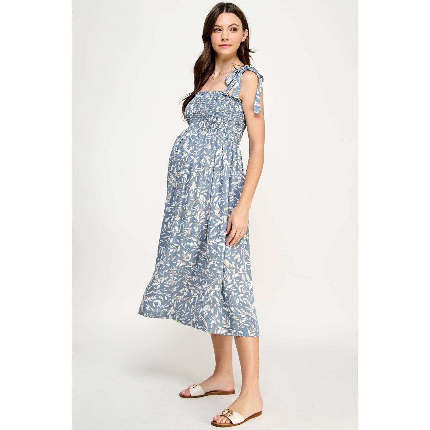 Light Blue Smocked Sleeveless Maternity Midi Dress: Denim