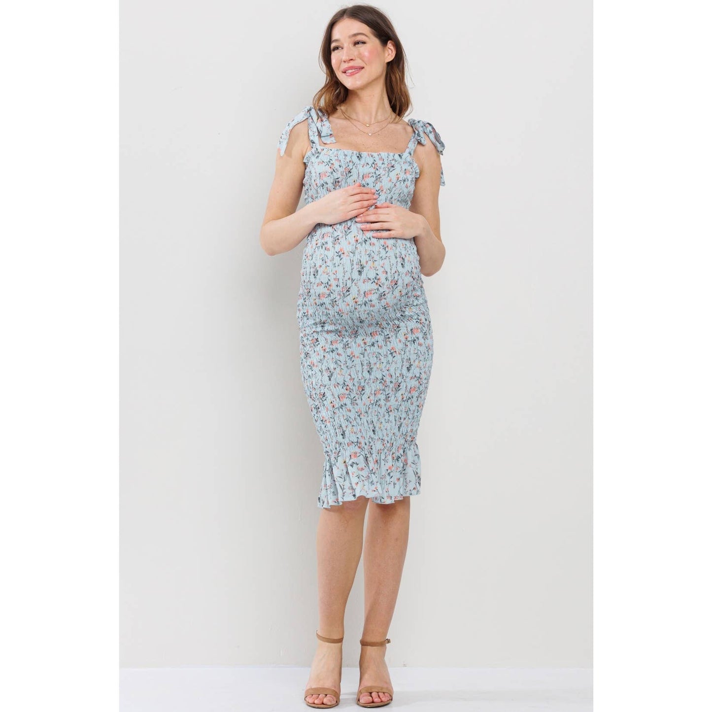 Floral Smocked Maternity Frill Hem Midi Dress