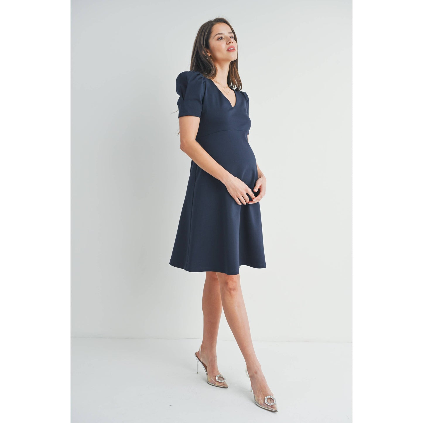 V-Neck Fit and Flare Puff Sleeve Maternity Dress : Navy