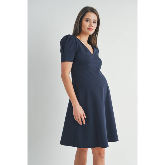 V-Neck Fit and Flare Puff Sleeve Maternity Dress : Navy