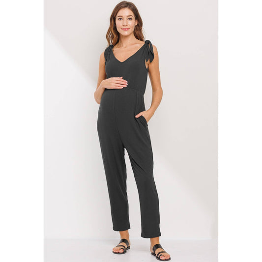 Tie-Shoulder Maternity Nursing Jumpsuit: Charcoal