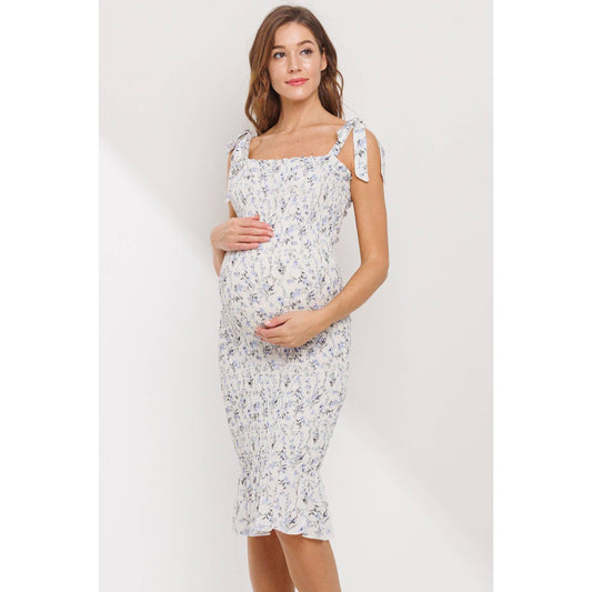 Floral Smocked Maternity Frill Hem Midi Dress