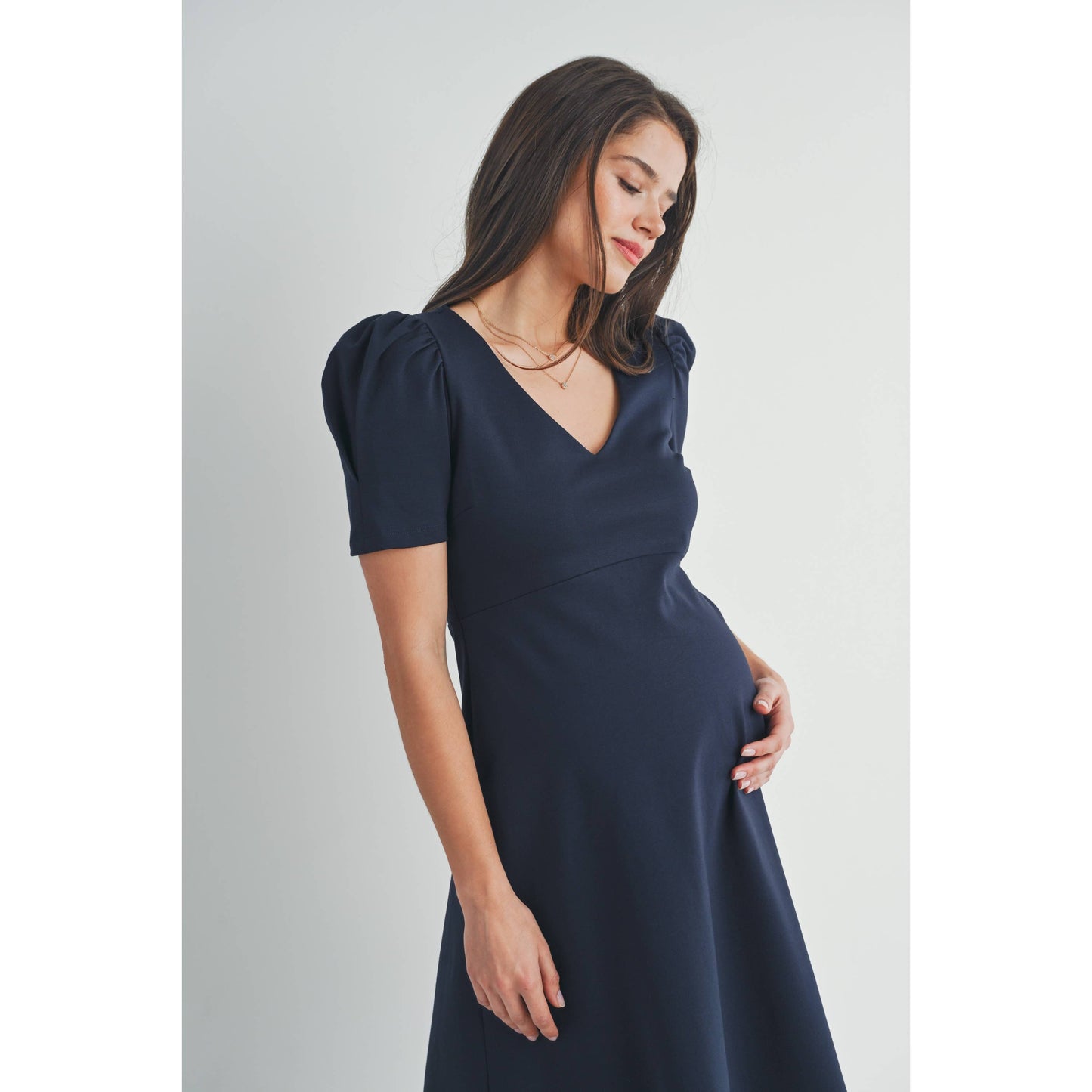 V-Neck Fit and Flare Puff Sleeve Maternity Dress : Navy