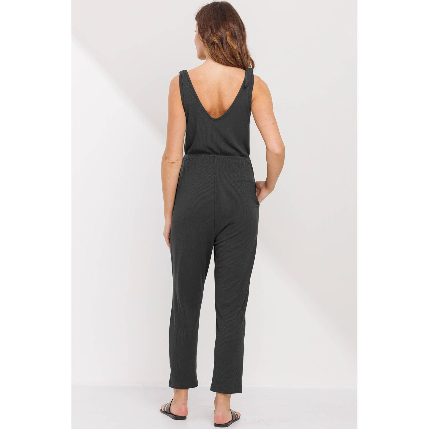 Tie-Shoulder Maternity Nursing Jumpsuit: Charcoal