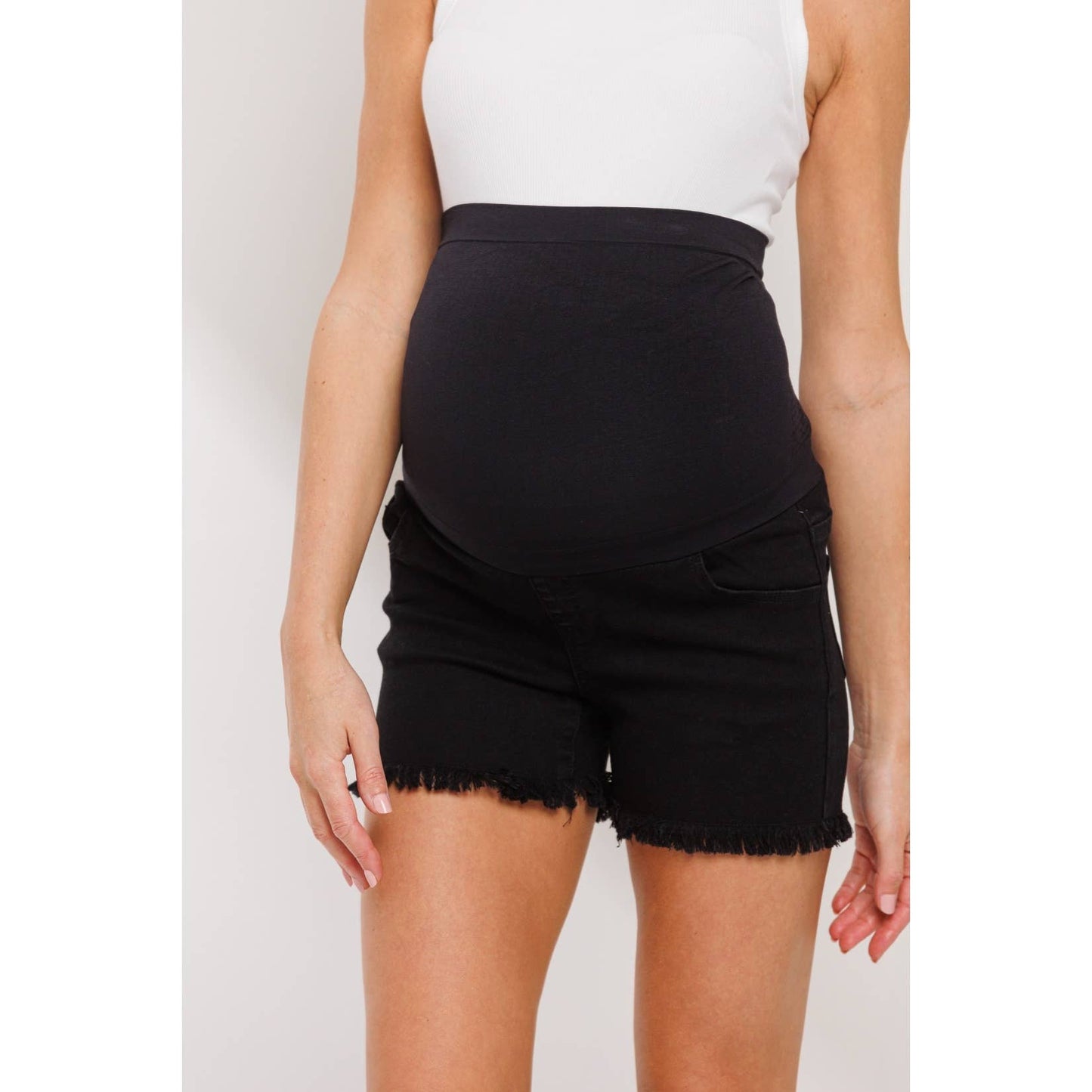 Frayed Denim Maternity Shorts with Waistband Panel: Black