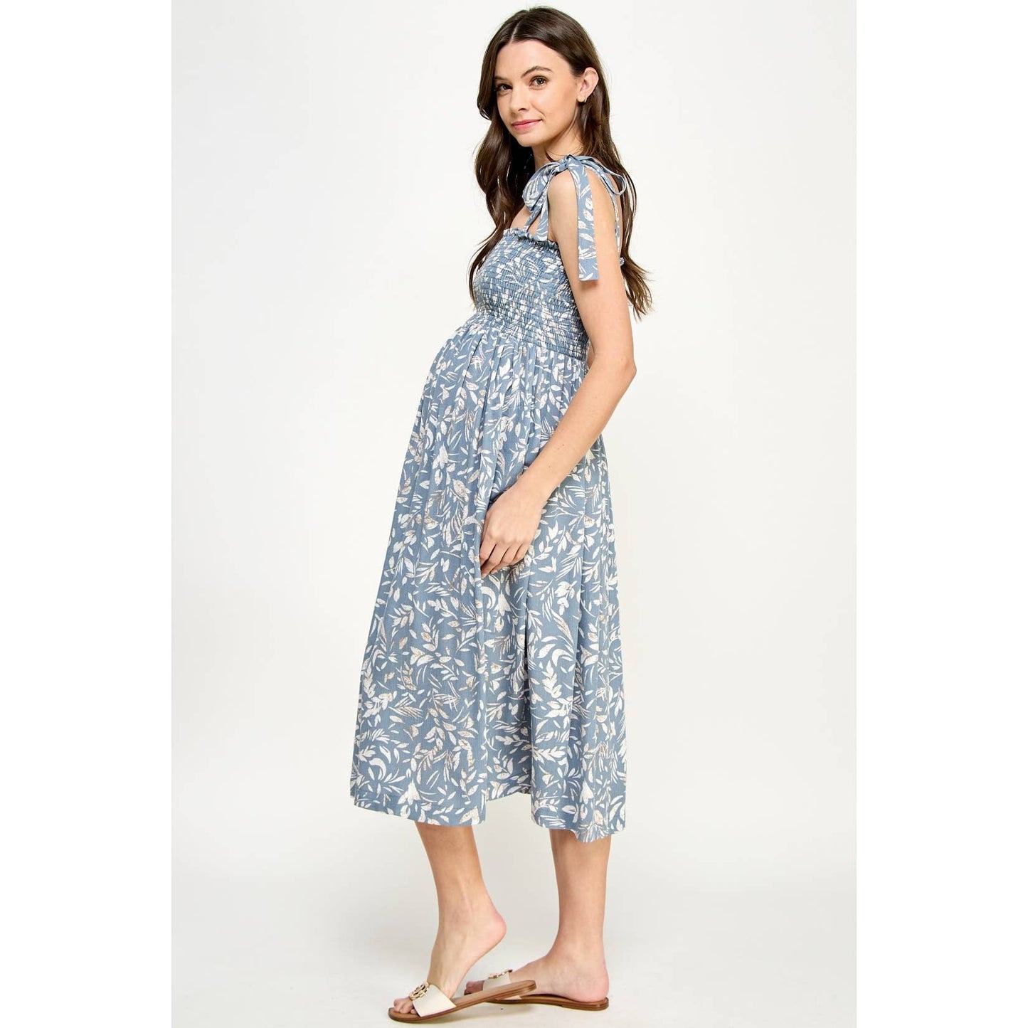 Light Blue Smocked Sleeveless Maternity Midi Dress: Denim