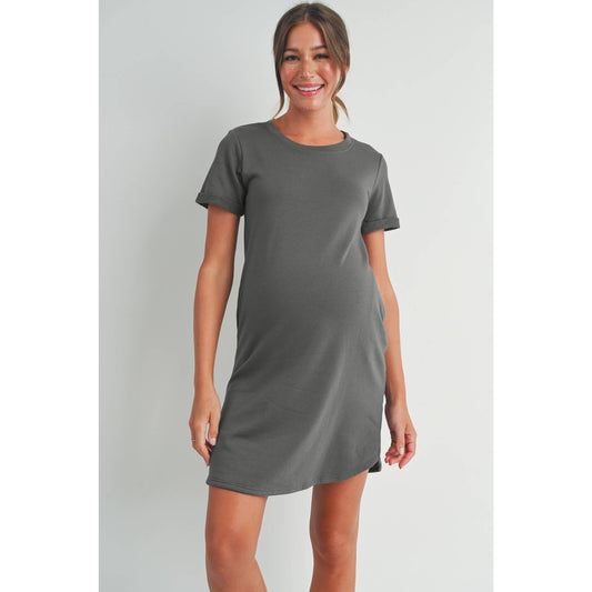 Crew Neck Terry Maternity T-Shirt Dress : Dark Grey