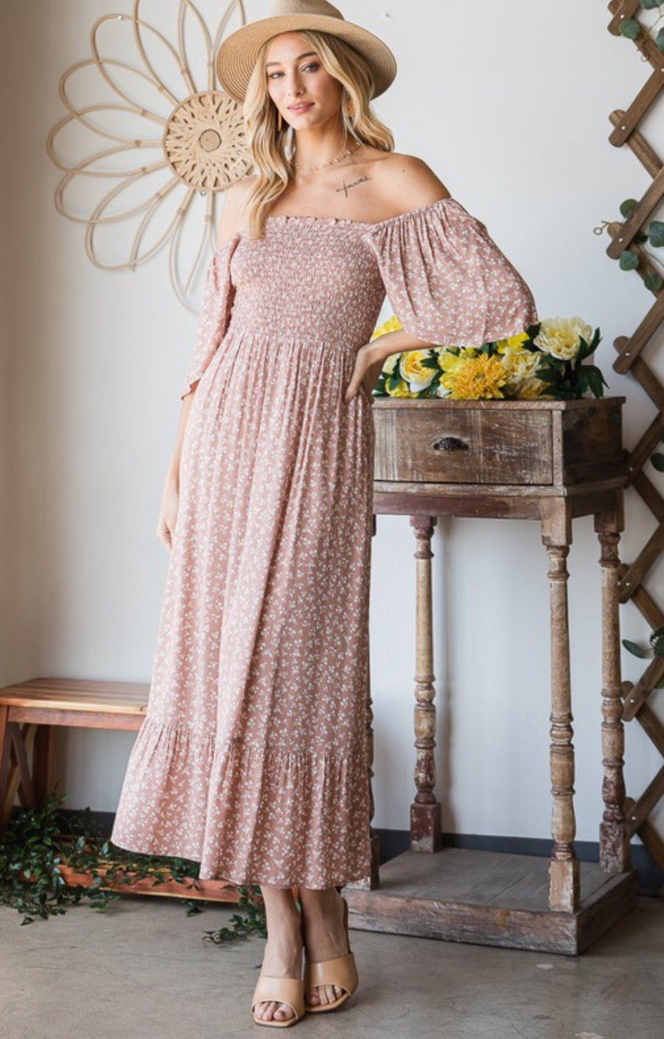 CONVERTIBLE SQUARE NECK SMOCKED MIDI DRESS