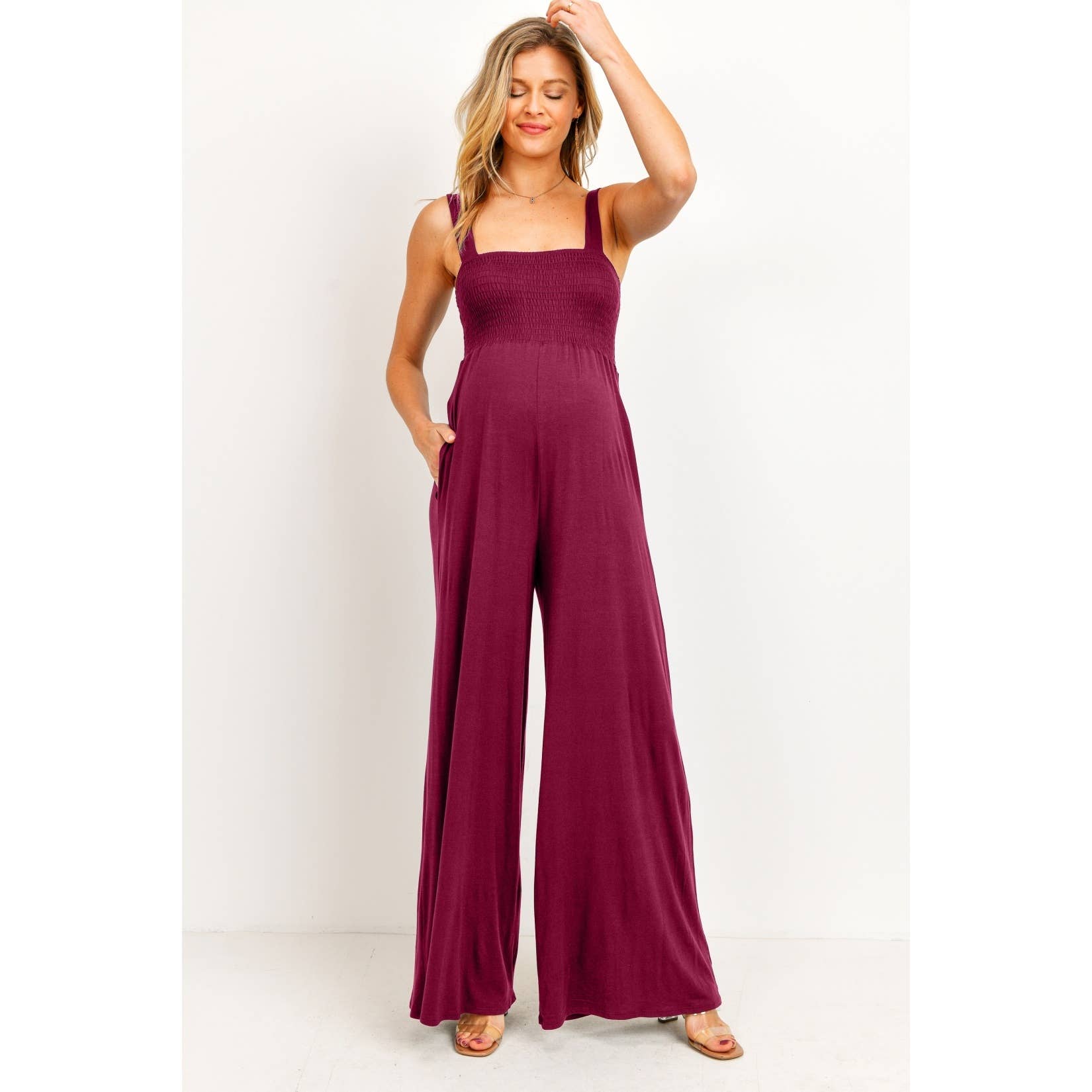Square Neck Smocked Maternity Jumpsuit – Belle Mere