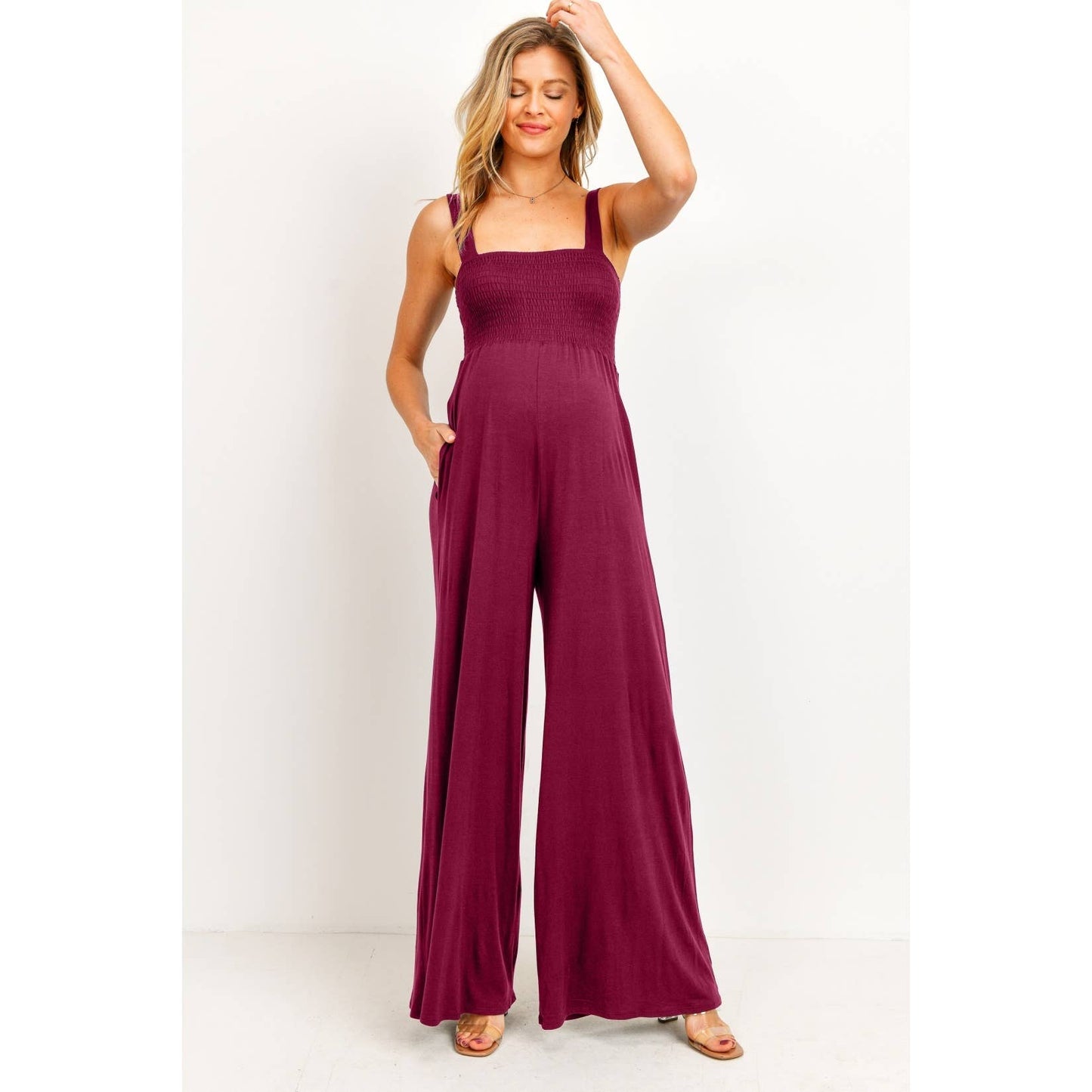 Square Neck Smocked Maternity Jumpsuit
