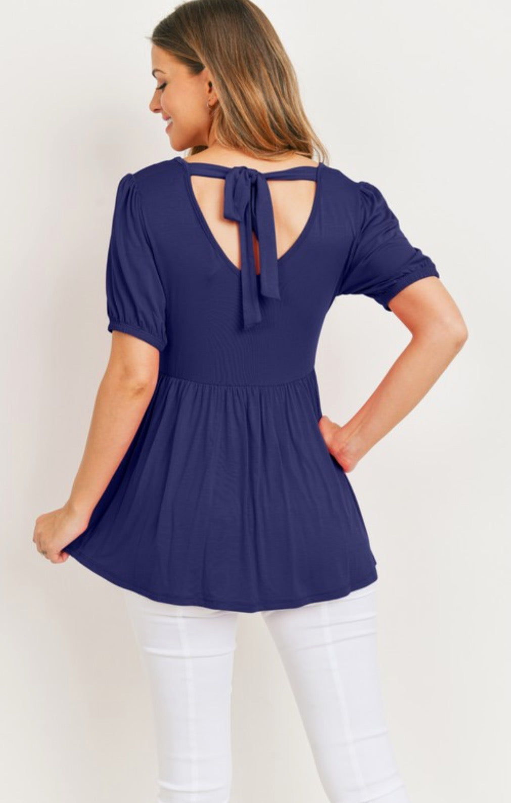 Solid Navy Modal Jersey Tie Back Empire Maternity Top