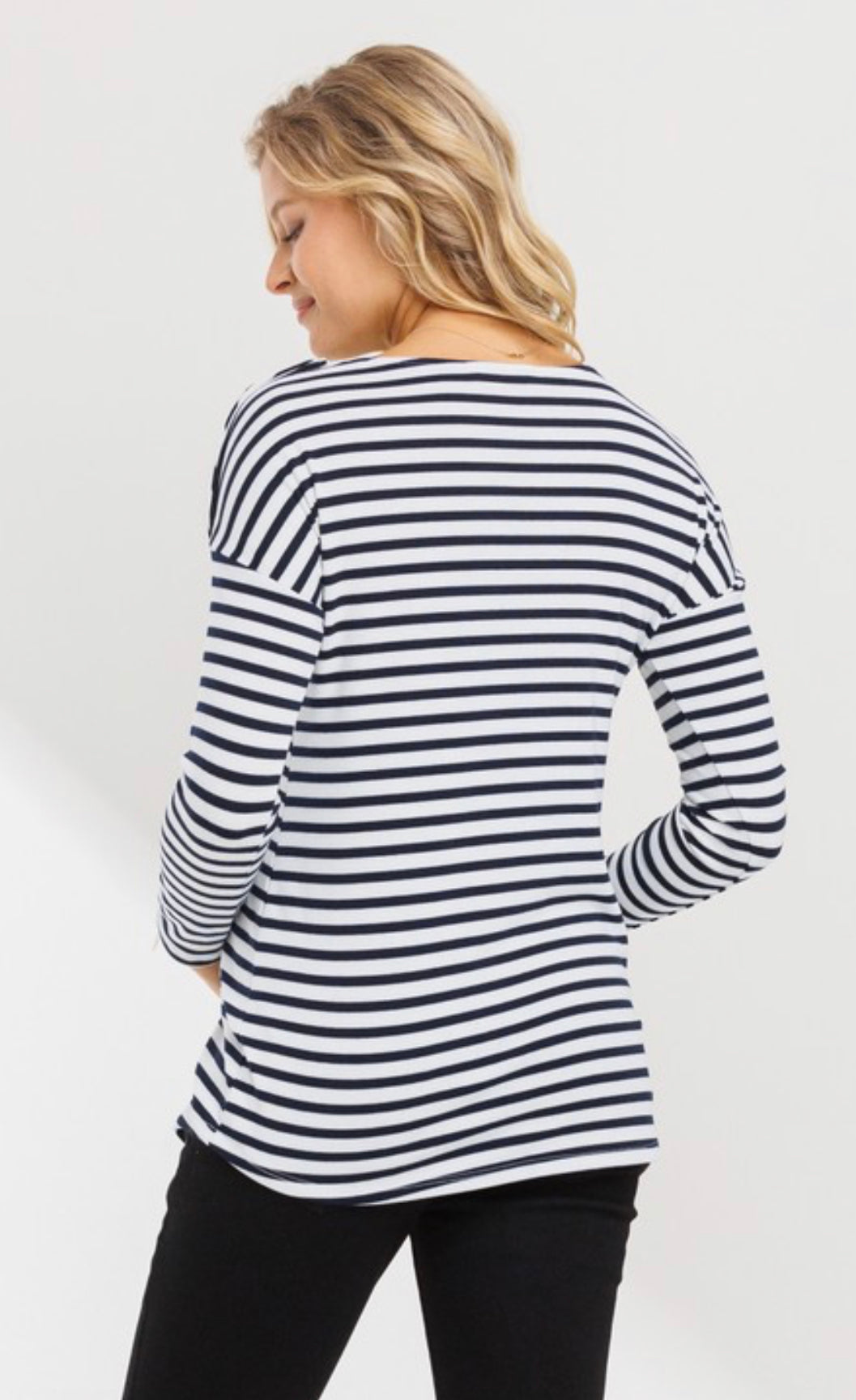 Navy/White Boat Neck Long Sleeve Maternity Top
