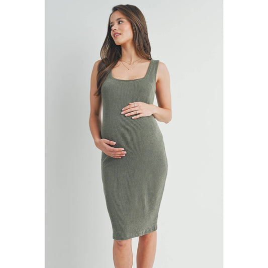 Square Neck Fitted Maternity Ribbed Midi Dress: Olive