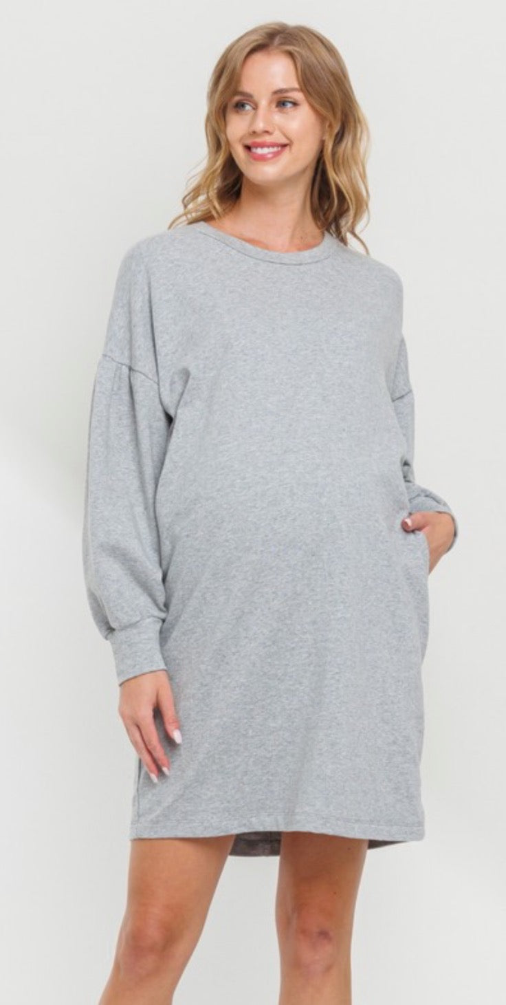 GREY CREW NECK MATERNITY SWEATER DRESS W POCKETS
