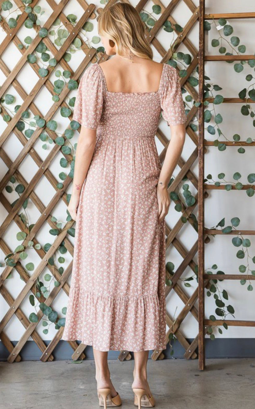 CONVERTIBLE SQUARE NECK SMOCKED MIDI DRESS