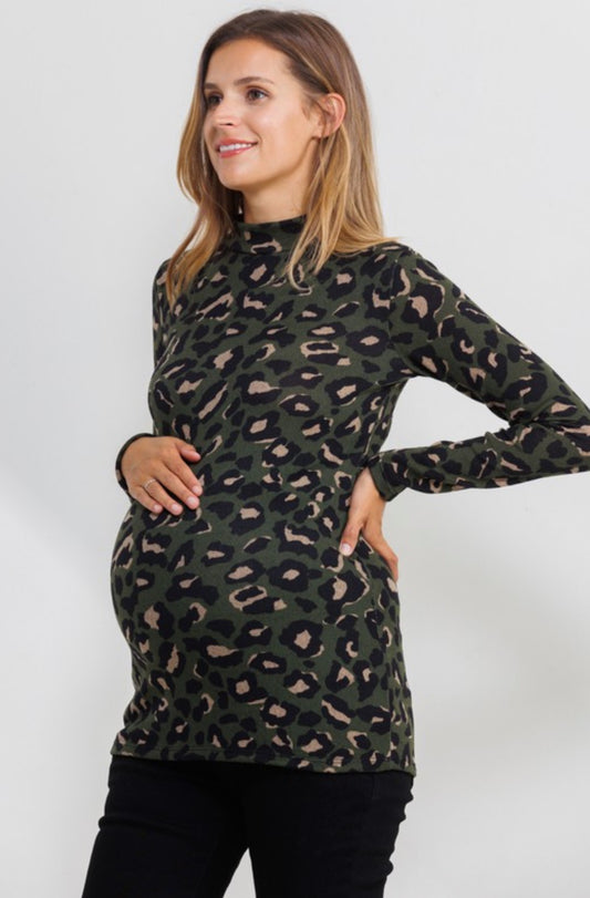 Animal Sweater Knit Mock Neck Maternity Top in Olive