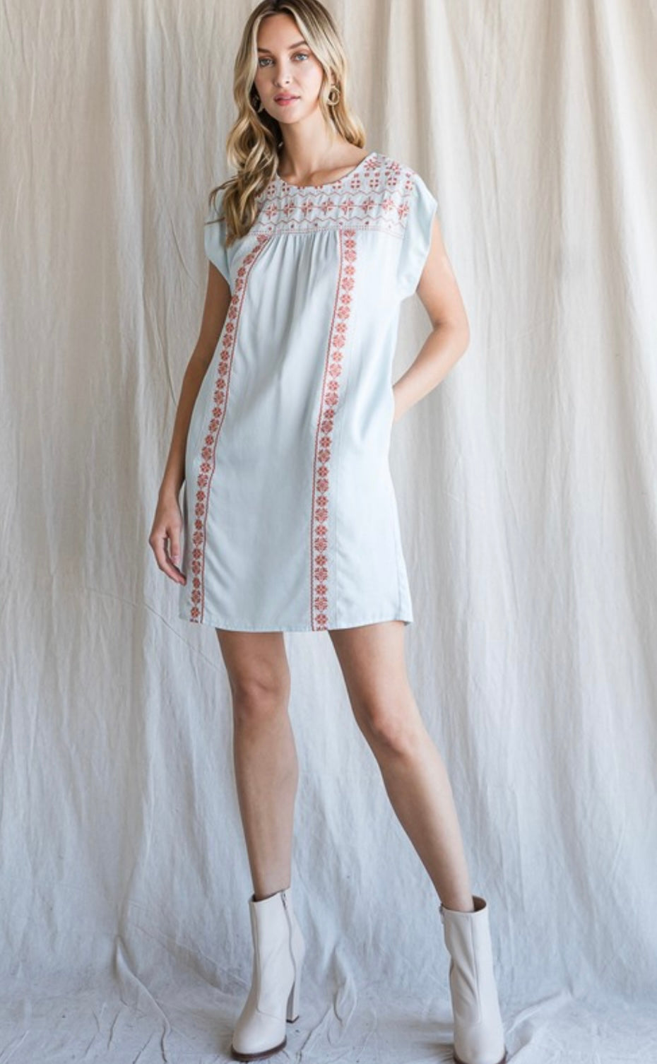 Washed Chambray Dress With Embroidery