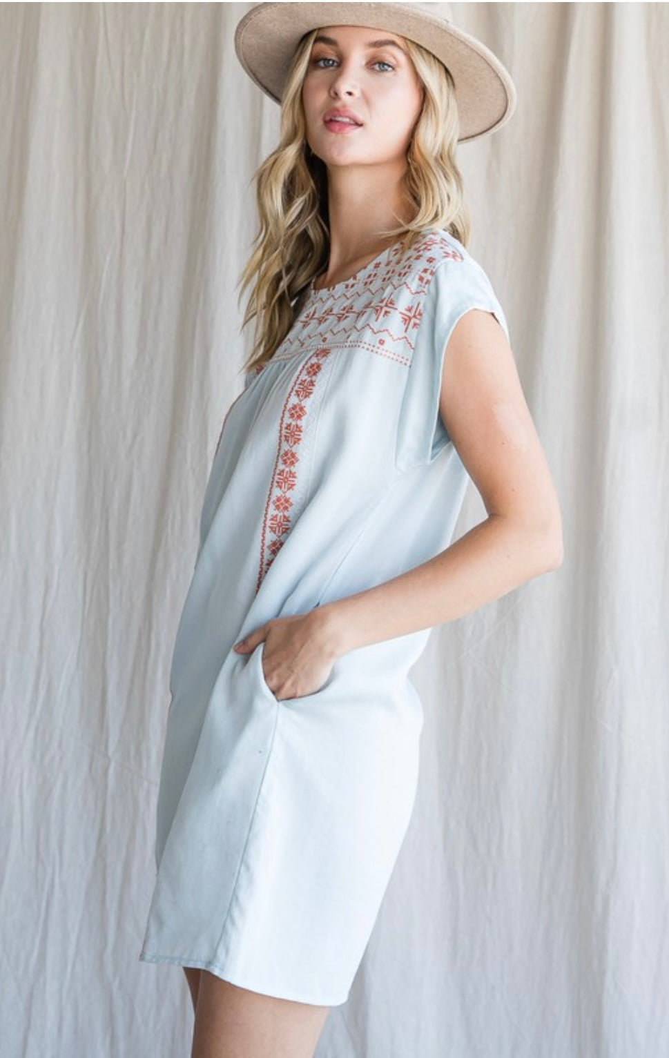 Washed Chambray Dress With Embroidery