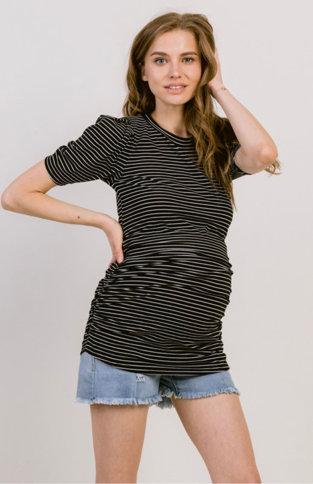 Stripe Puff Sleeve Ribbed Maternity Top