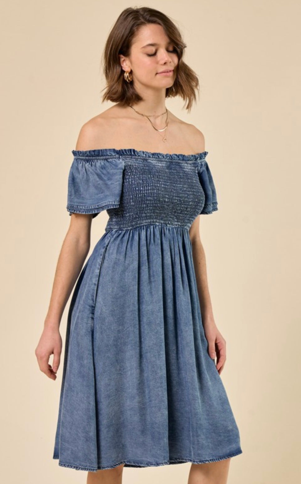 SQUARE NECK SMOCKED DENIM MIDI DRESS