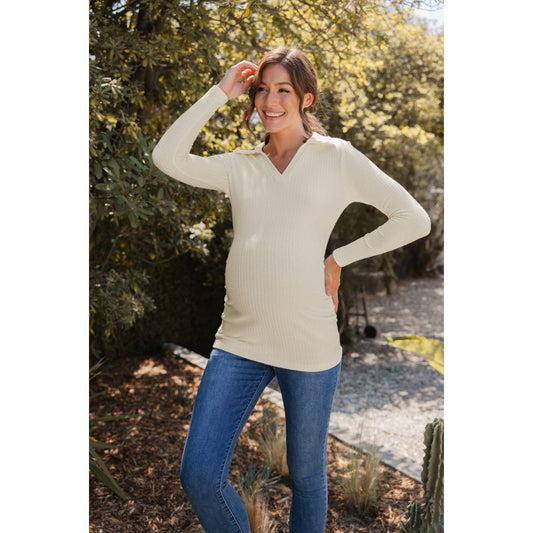 RIB KNIT COLLARED V-NECK MATERNITY TOP