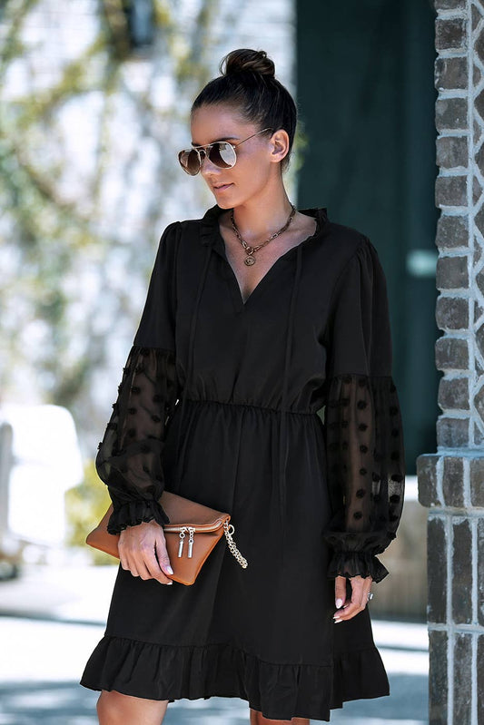 Sheer Pom Pom Sleeve Peasant Dress