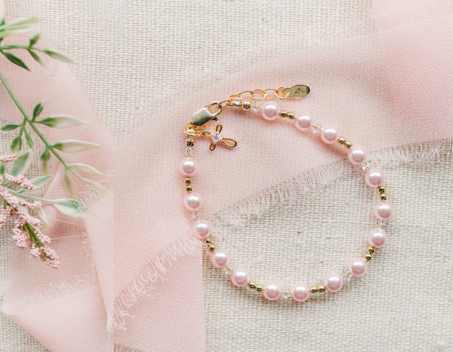 Lauren 14K Gold-Plated Pink Pearl Cross Bracelet Baptism/Communion