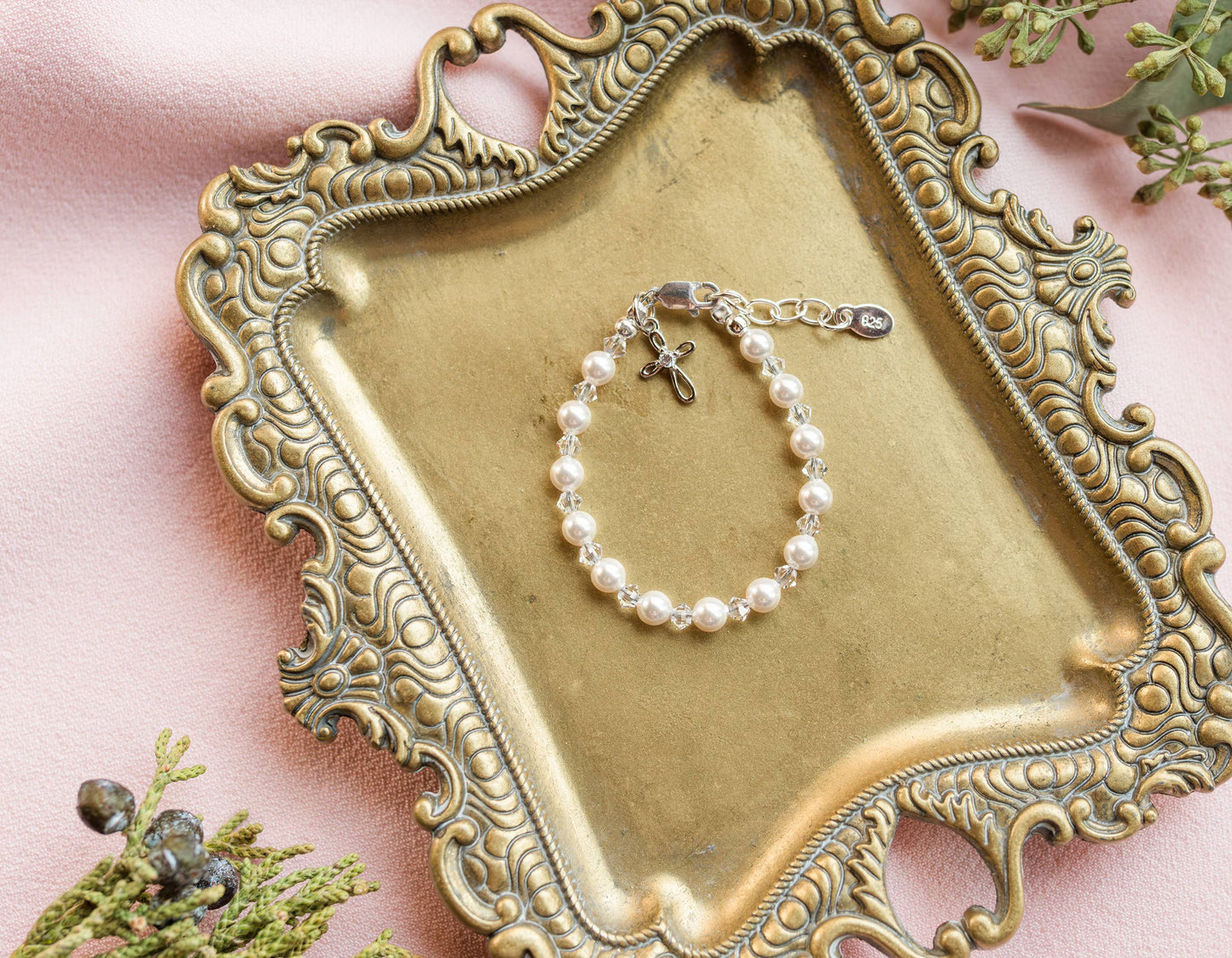 Grace Silver Pearl Cross Baby Bracelet Baptism & Communion Gift