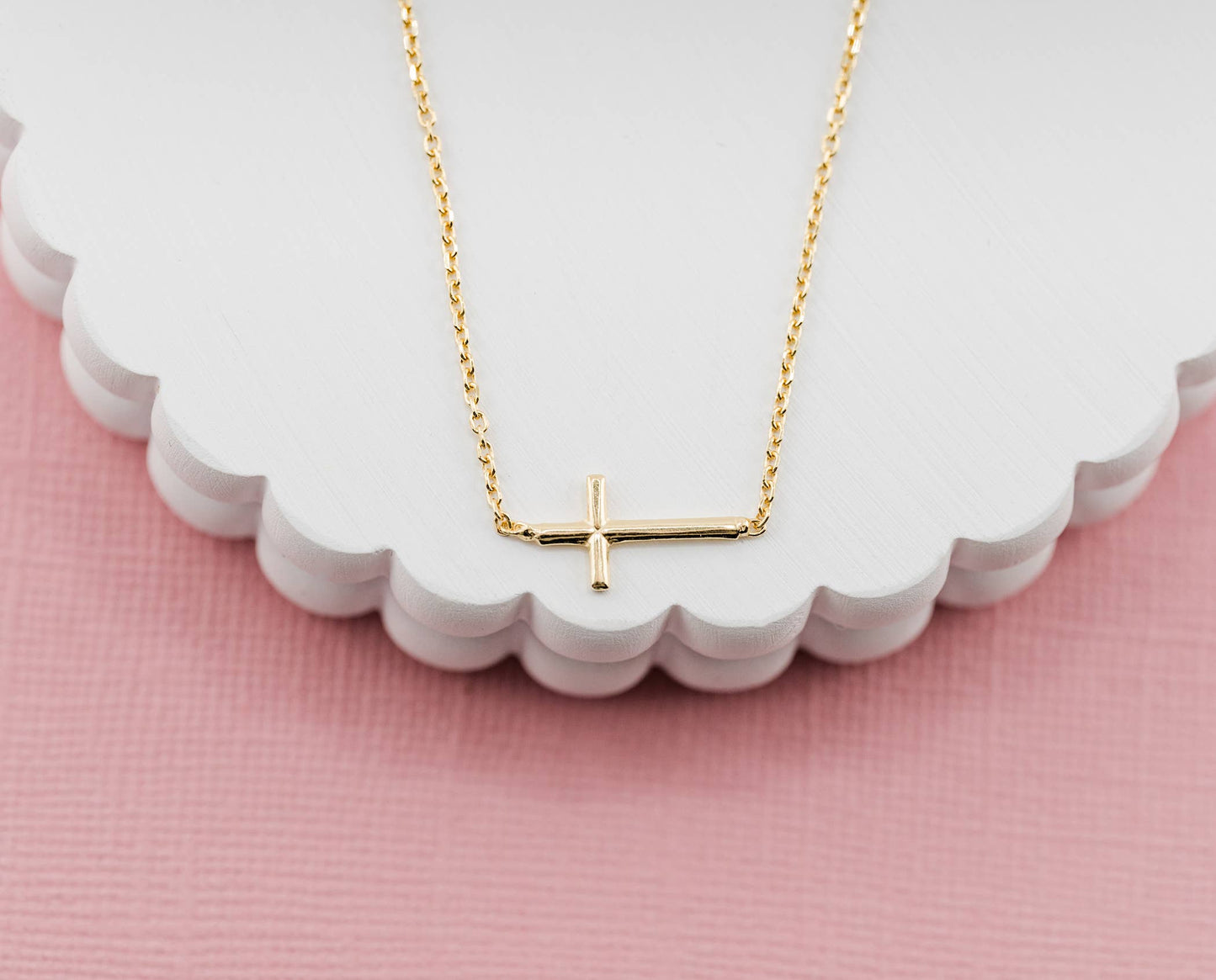 14K Gold-Plated Girls Horizontal Cross Necklace Kids & Women