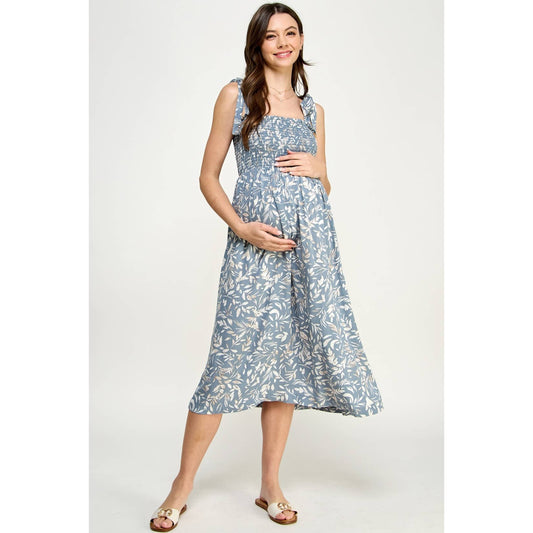 Light Blue Smocked Sleeveless Maternity Midi Dress: Denim