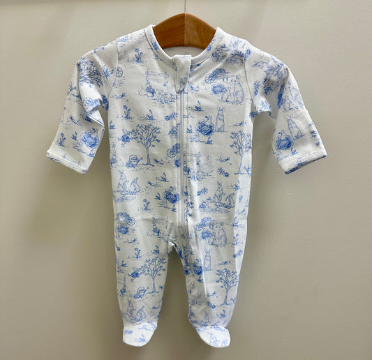Blue Toile Bunnies Zip Footie