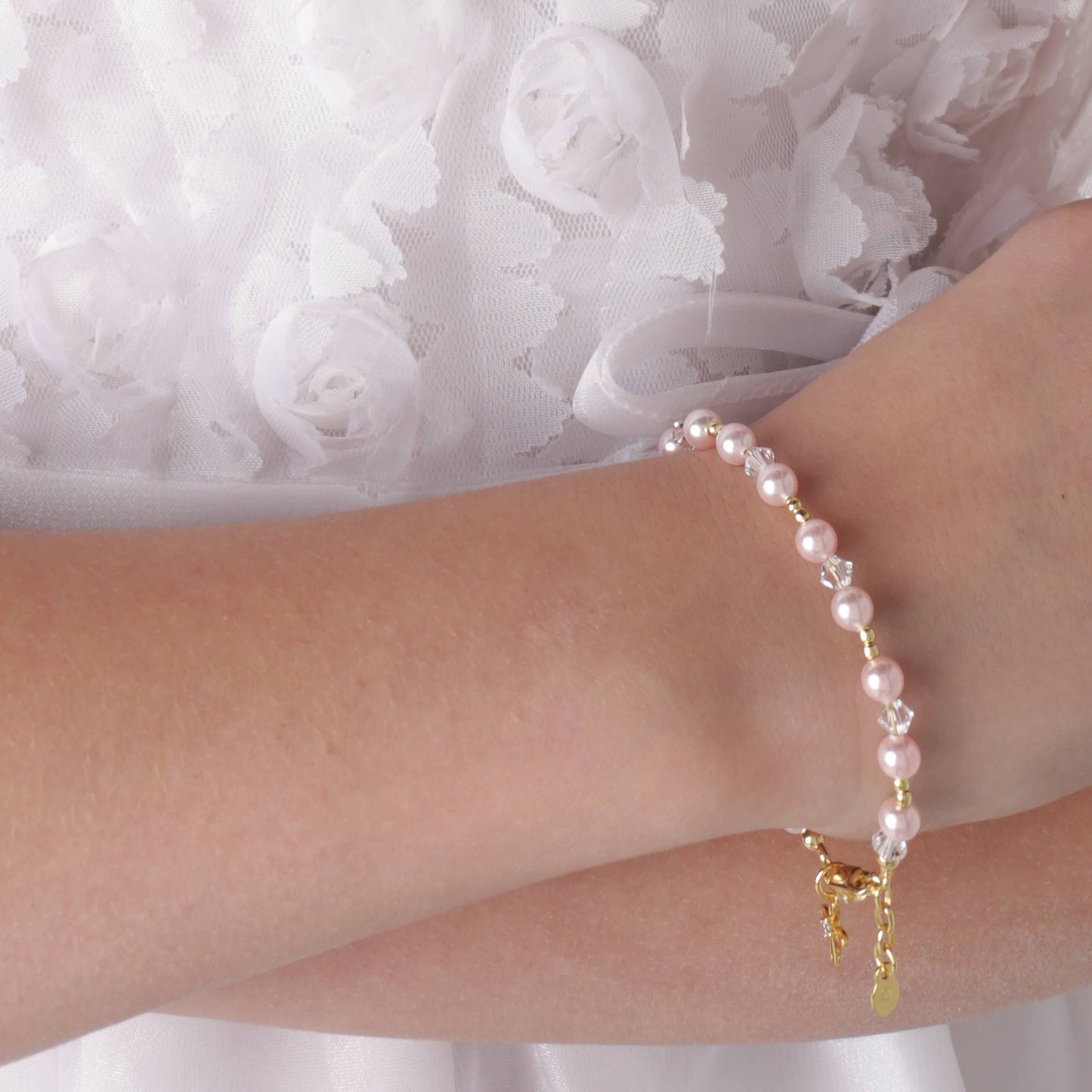 Lauren 14K Gold-Plated Pink Pearl Cross Bracelet Baptism/Communion