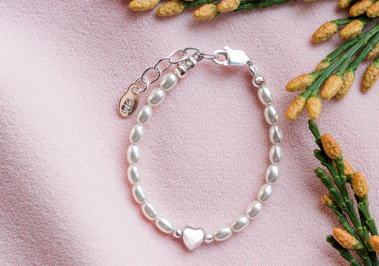 Destiny Sterling Silver Pearl and Heart Baby Bracelet for Kids